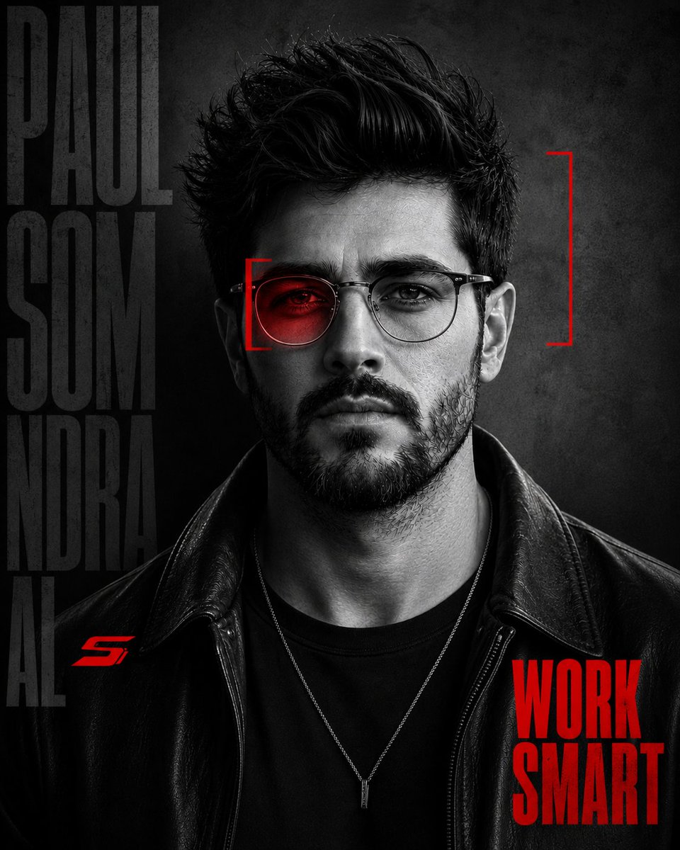 Sharp young man in glasses stares through a red targeting mark