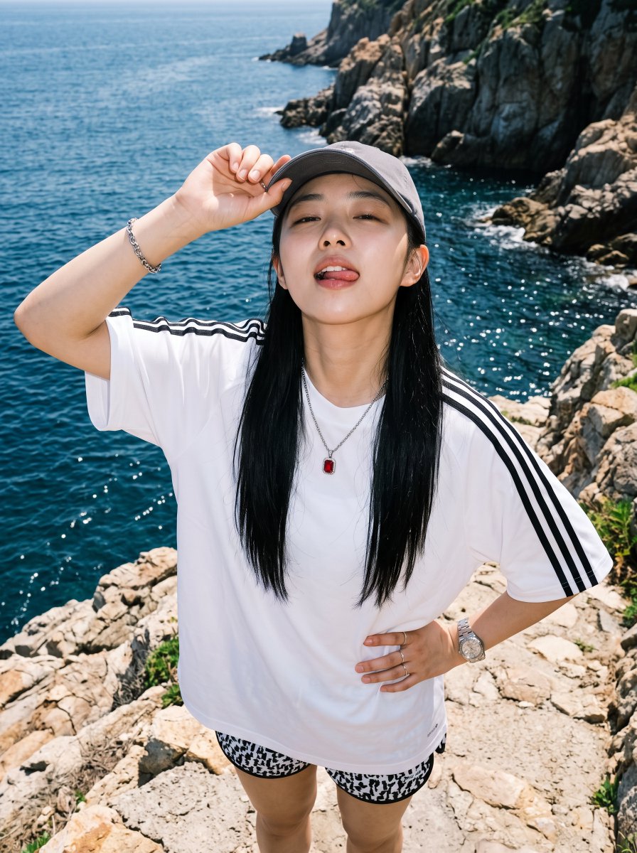 Playful Coastal Portrait of Woman in Gray Cap by Ocean