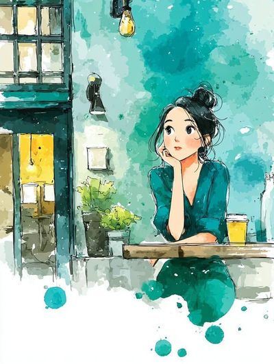 A woman in a green cardigan daydreams over coffee at a café
