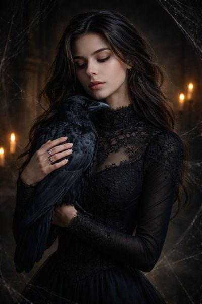 Gothic Elegance: A Silent Guardian with Raven in Candlelit Shadows