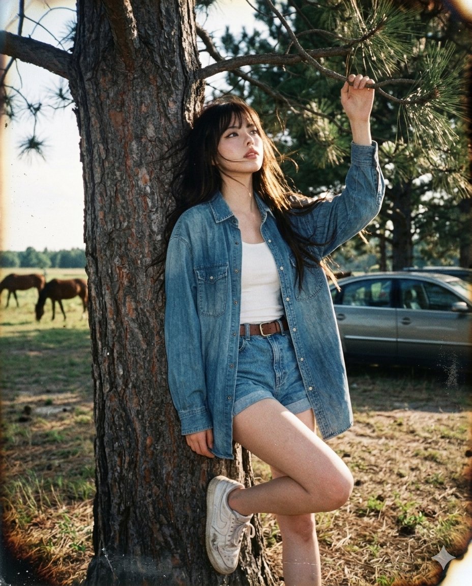 A girl rests against a pine tree in hazy summer light