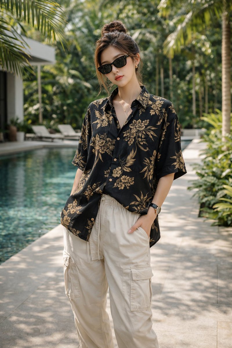 Model reclines by pool in gold floral shirt and white joggers
