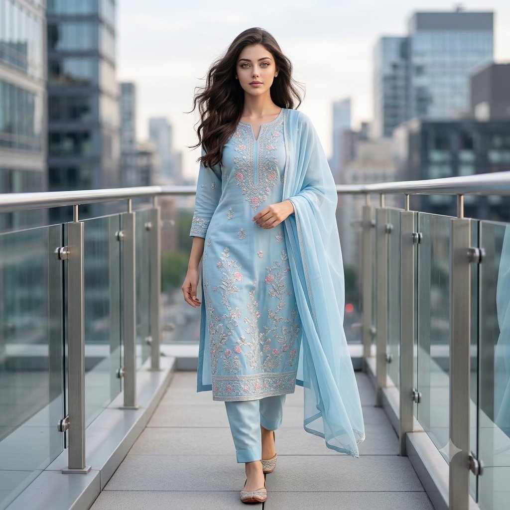South Asian woman in sky-blue salwar walks toward camera on rooftop
