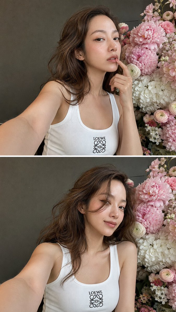 Woman with finger on lip holds flowers in dual selfie