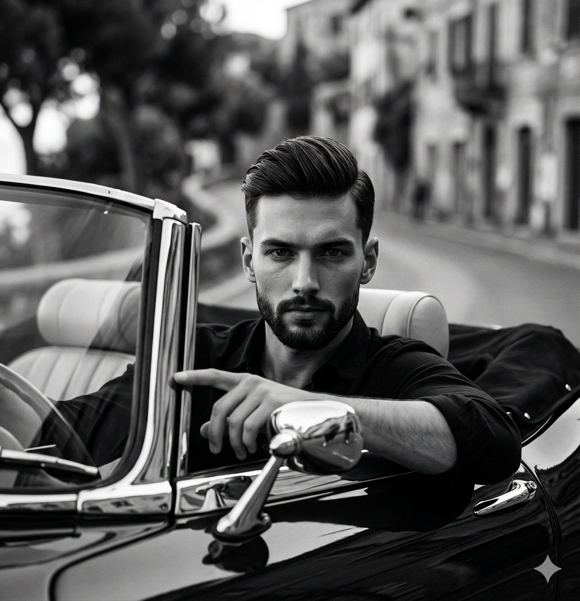 Moody Noir Portrait of Man with Chrome Car Reflection