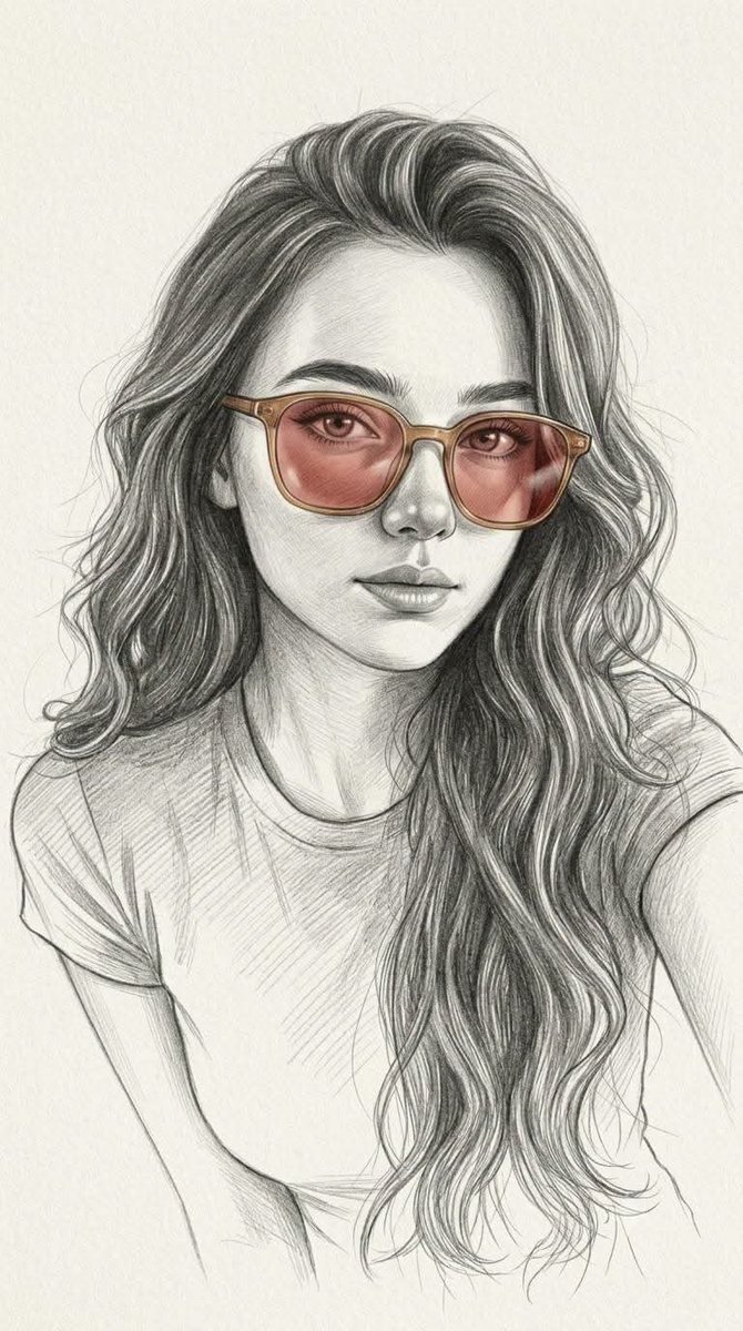 Amber-tinted sunglasses highlight a detailed graphite portrait sketch