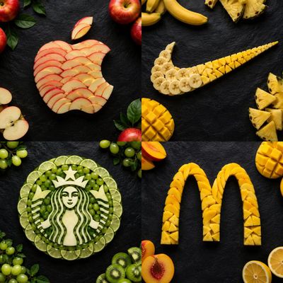 Four iconic brand logos recreated from fresh fruit slices in a grid