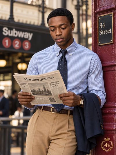 Man in striped shirt reading newspaper at subway station