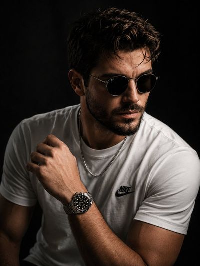 Confident entrepreneur wears tailored white tee and luxury watch
