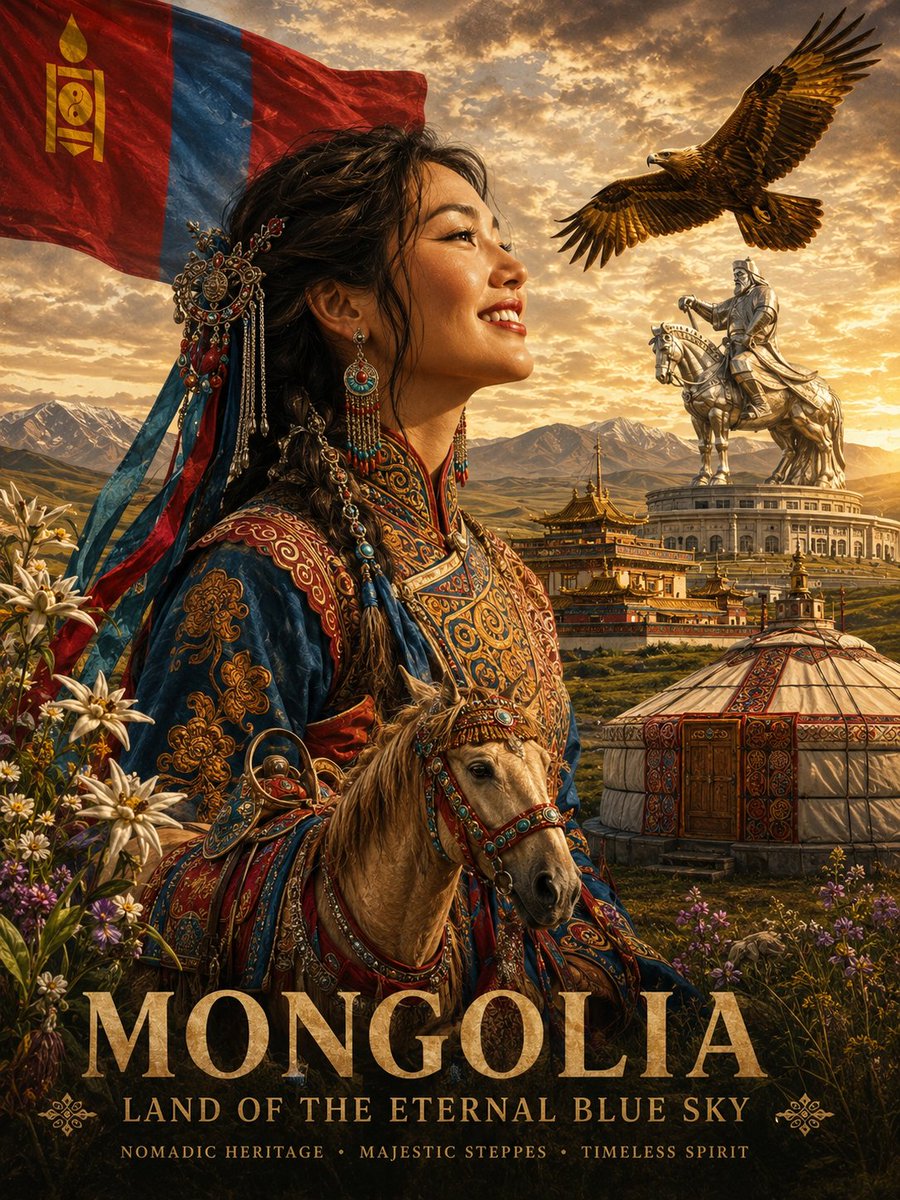 A joyful Mongolian woman smiles beneath a golden eagle in flight