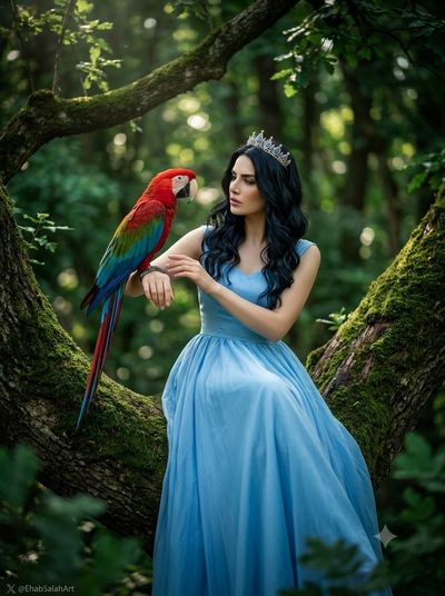 A hijabi queen in blue gown sits with a macaw on a forest branch