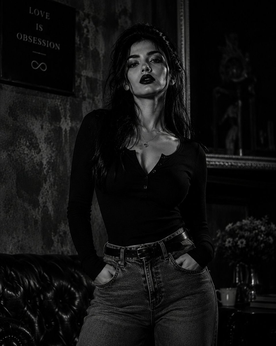 A confident queen in black leather commands the urban night