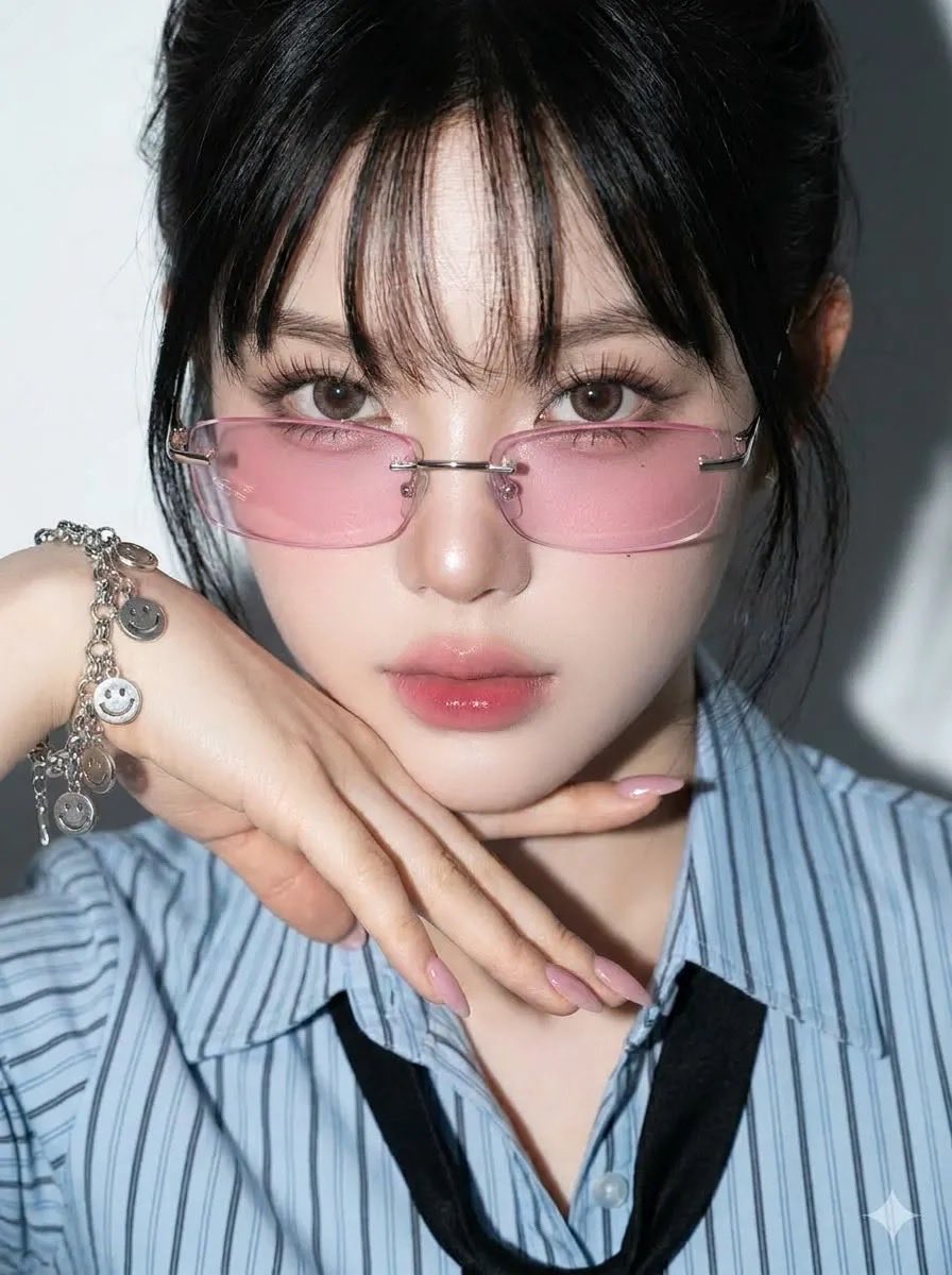 Young woman in rimless pink glasses poses with confident soft gaze