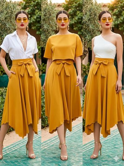Chic Versatility: The Mustard Midi Skirt in Stylish Variations