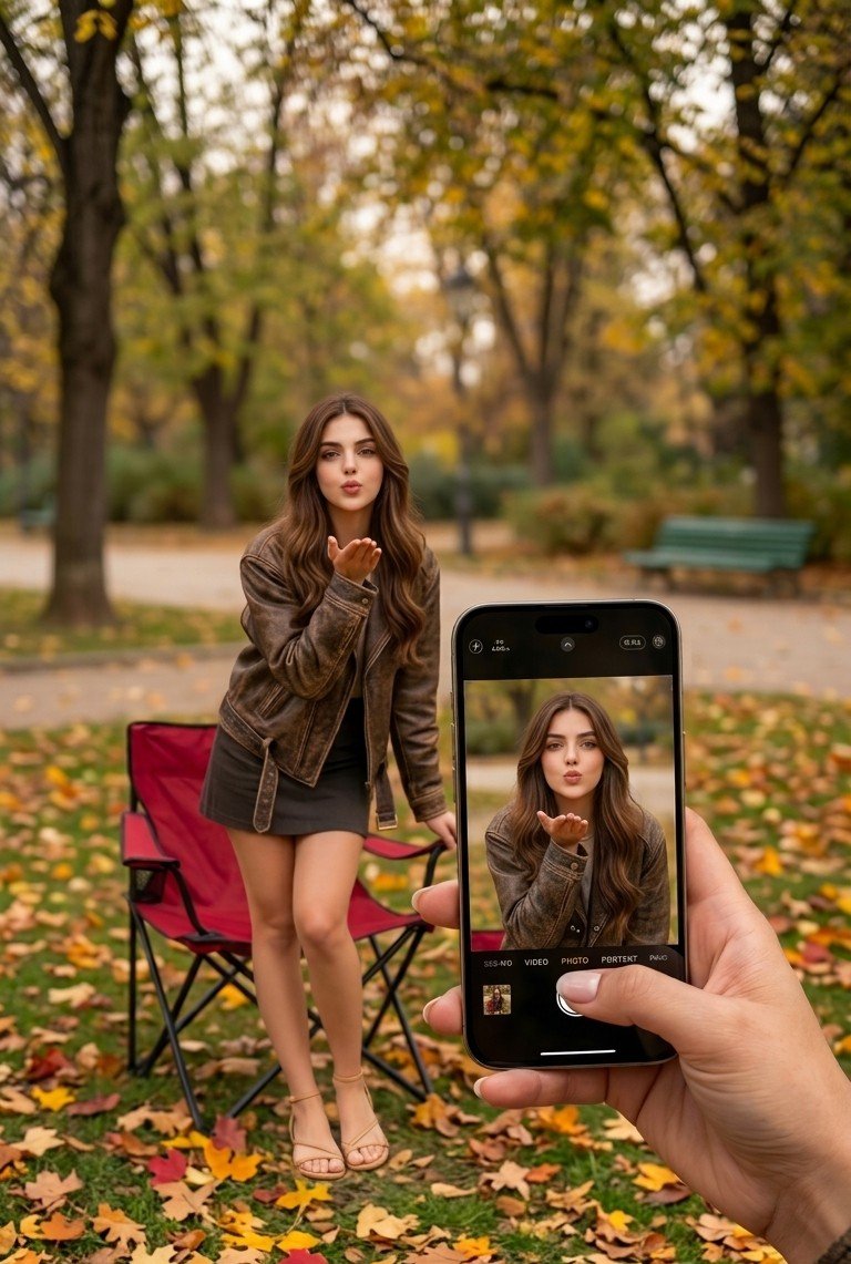 Hand holds smartphone to capture woman blowing an air kiss
