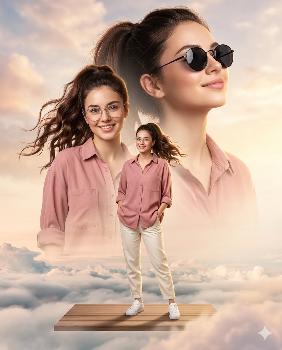 Young woman in pink shirt stands on cloud platform