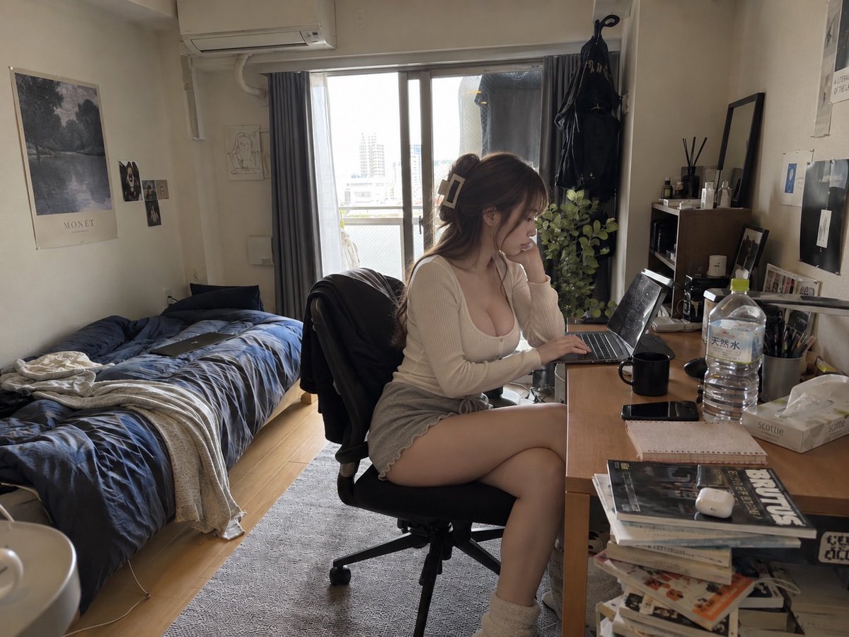 Hyper-realistic Japanese woman appears naturally in real room photo