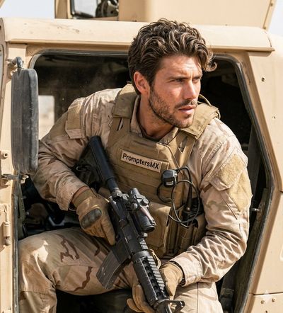 A focused soldier in desert camouflage holds a rifle while seated in a Humvee.