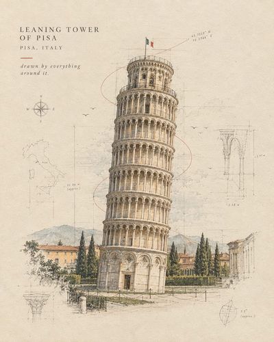 Graphite Architectural Poster of a Landmark with Watercolor Washes