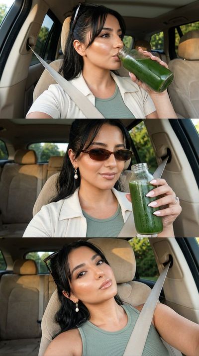 A off-duty it-girl takes a green juice detox selfie in car