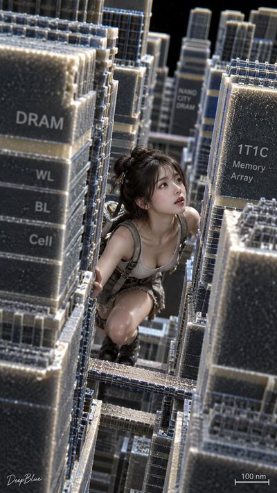 Tiny Eastern woman explores towering DRAM city under microscope