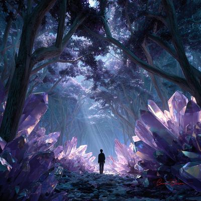Traveler Amid Towering Amethyst Crystals