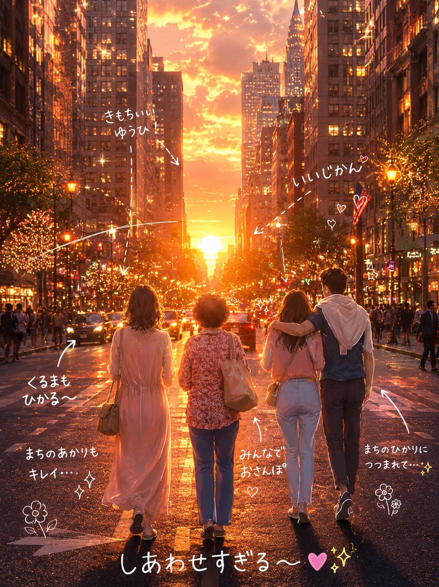 Four friends walk toward a glowing sunset between towering skyscrapers