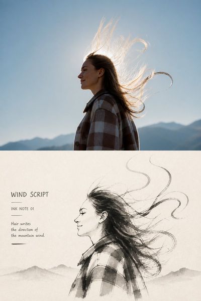 A traveler's wind-blown hair becomes ink strokes on paper