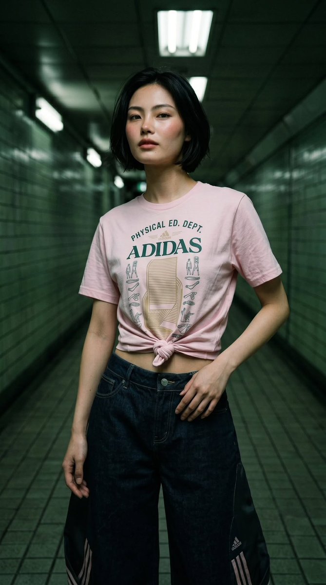 East Asian model poses in subway with pastel pink Adidas shirt