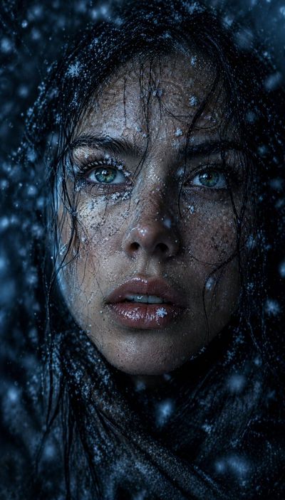 Frozen Gaze: Snow-Laden Portrait in Nightlight