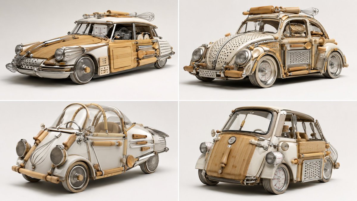 A classic vintage car built entirely from kitchen tools