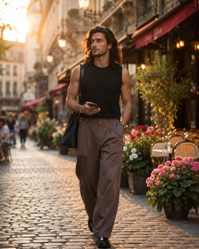 A handsome man walks a cobblestone street in golden hour sunlight.