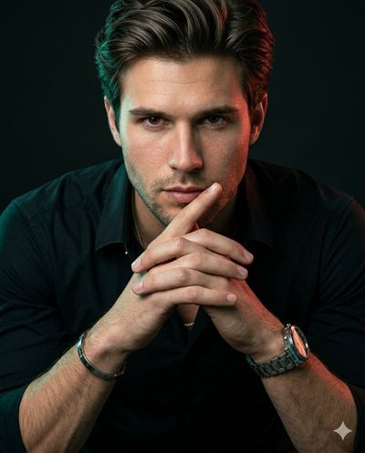 A model leans forward with interlocked fingers in moody studio light