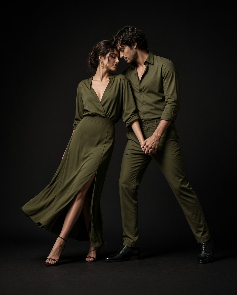 Couple in Olive Green Embrace Against a Solid Black Studio Backdrop
