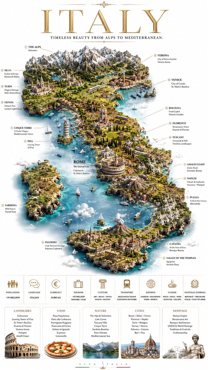 A floating island map of Italy floats above pristine water