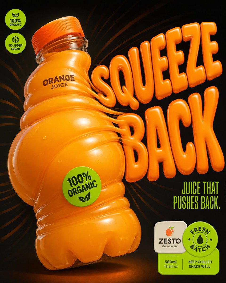 Squeezed orange juice bottle bulges with playful plastic tension