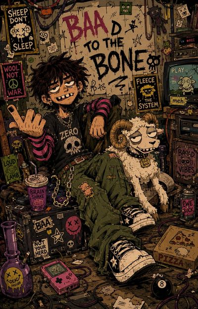 A punk cat and a grumpy teen hang in a chaotic alley