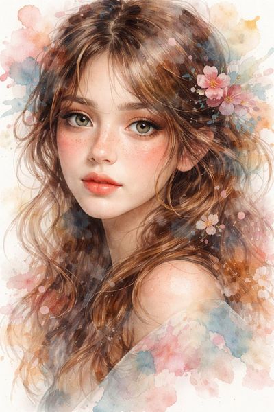 Ethereal Watercolor Portrait of a Young Woman with Floral Accents