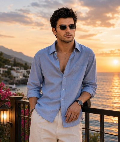 Young man in linen shirt leans on Mediterranean terrace railing during sunset