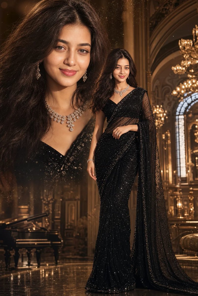 A regal woman in a sequined saree poses inside a palace