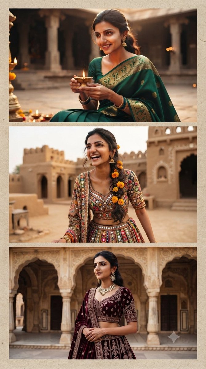 Indian woman in three traditional styles from temple to palace