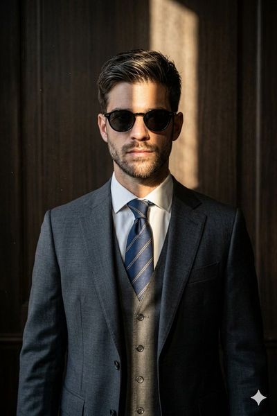 Man in dark suit stands in sunbeam before wood paneling