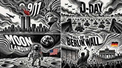 Four days that changed history shown in a 2x2 grid of line fields
