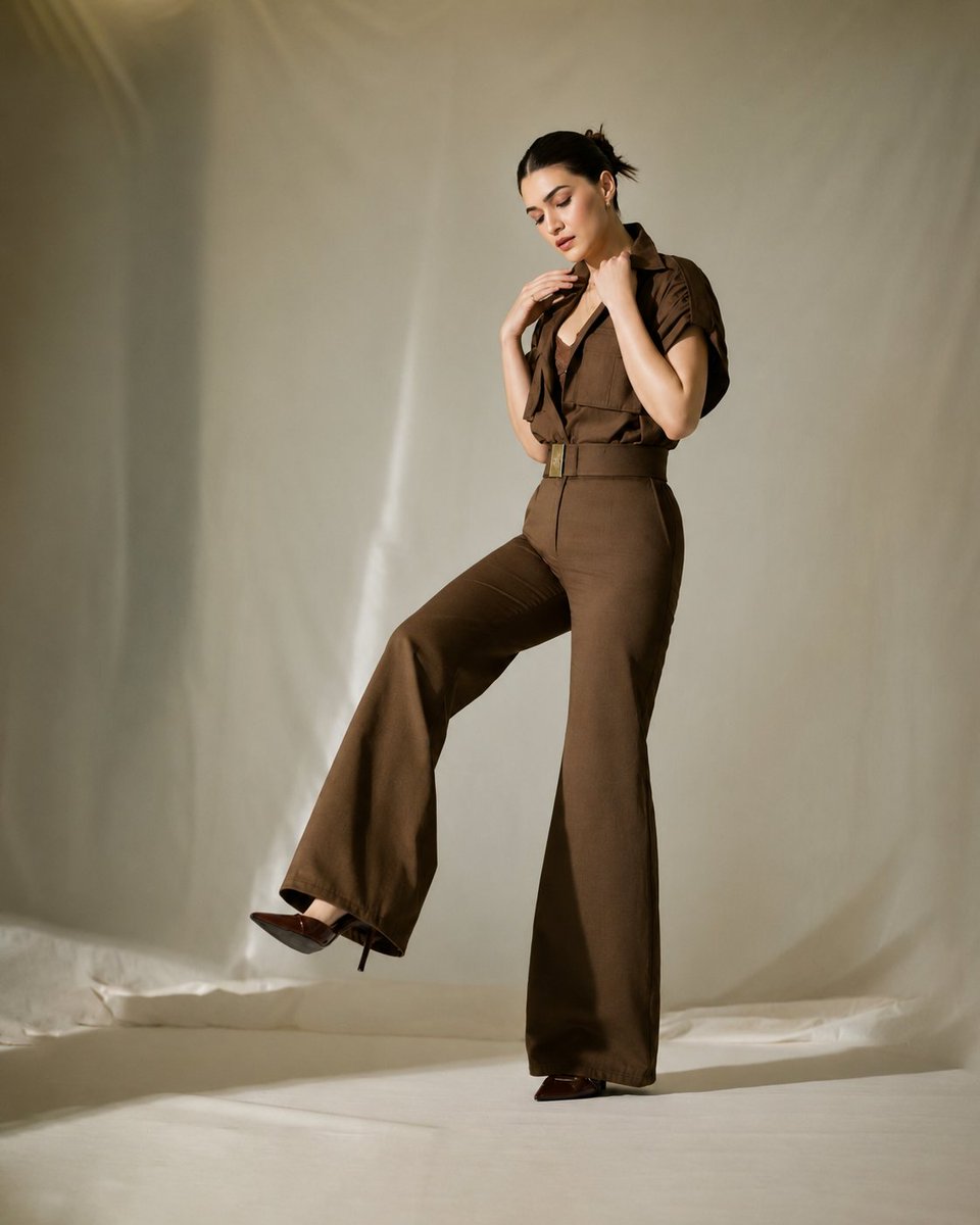 Woman in brown jumpsuit poses elegantly in soft studio light
