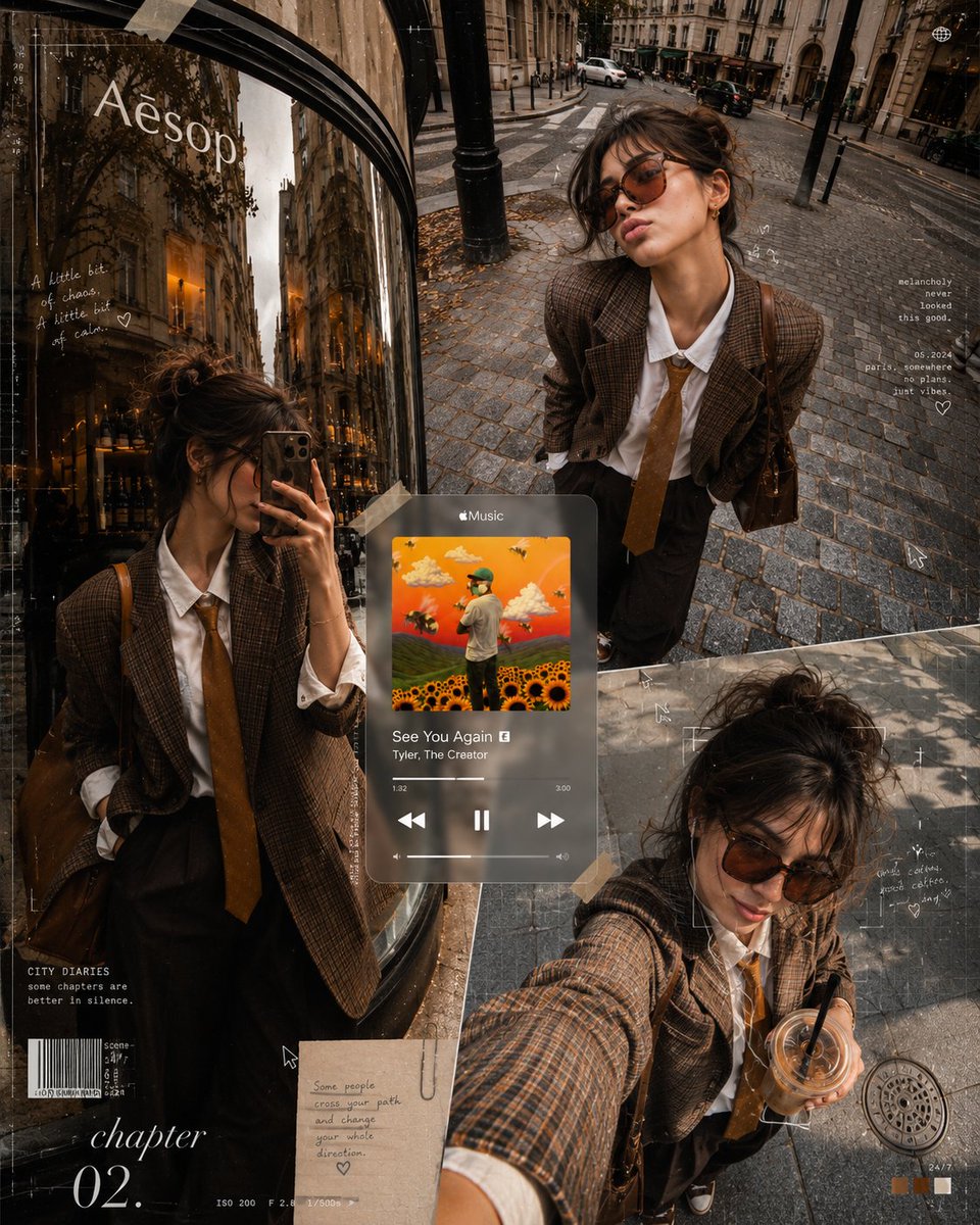 A brown plaid blazer frames a reflective storefront portrait