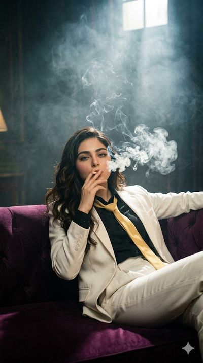 Hazy smoke swirls around a lounging model in a dimly lit room