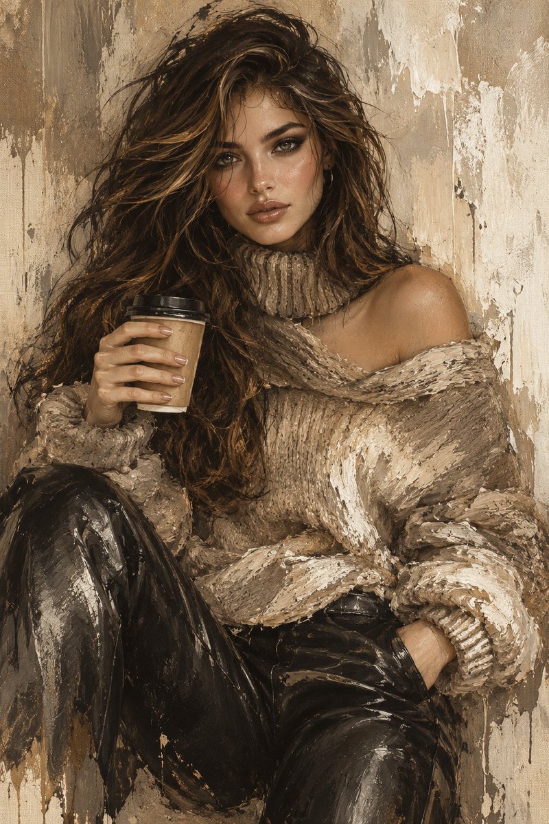 Warm toned digital portrait shows woman with coffee and bold gaze