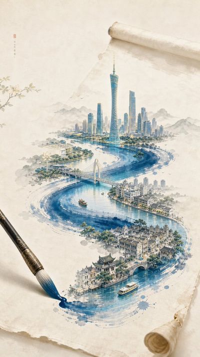 Ink-Born Guangzhou: S-Shaped River Cityscape