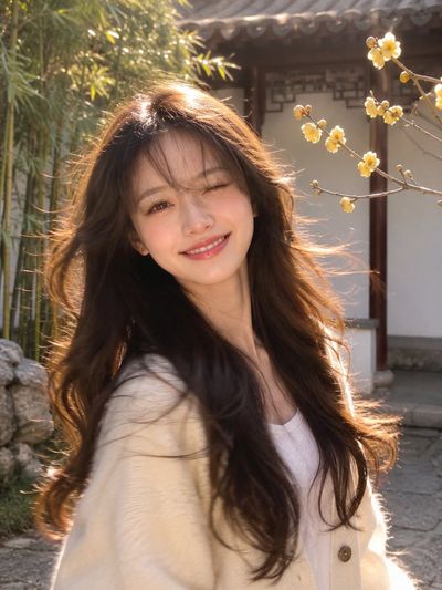 Young woman winks playfully in golden sunlight with flowing hair