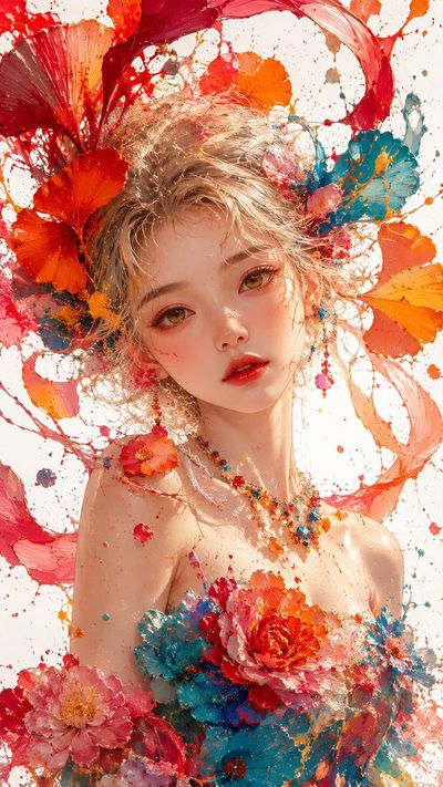 A luminous East Asian girl blossoms amidst fiery ginkgo petals